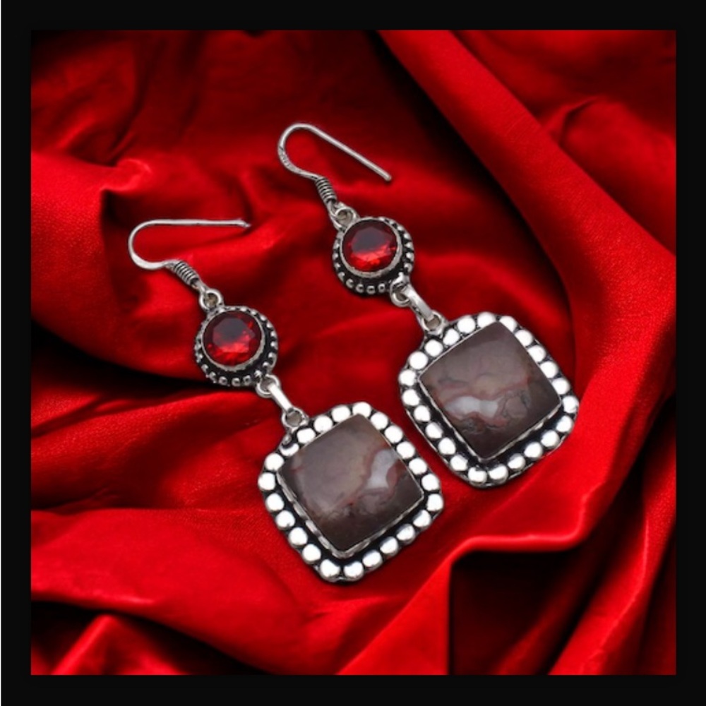 Coconut Jasper & Garnet Handcrafted Drop Dangle Hook Style Earrings  2.6" NWT